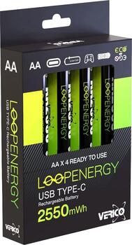 4er Verico LoopEnergy USB-C Mignon AA-Akku Li-Ion 1700mAh 1,5V einfach per USB-C aufladen, inkl. Kabel und Box