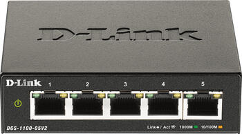 D-Link DGS-1100 Desktop Gigabit Smart Switch, 5x RJ-45, V2, Backplane: 10Gb/s, lüfterlos, Metallgehäuse