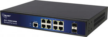 8-Port ALLNET Switch full managed Gigabit, 8x PoE+, 2x SFP, Lüfterlos, inkl. 19 Zoll Winkel