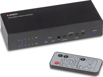 Lindy 4x2 HDMI 2.0 18G Matrix Switch, 6x HDMI 2.0 (4x In/2x 1x Optisch (1x Out), 1x Klinke Audio (1x Out), Lindy