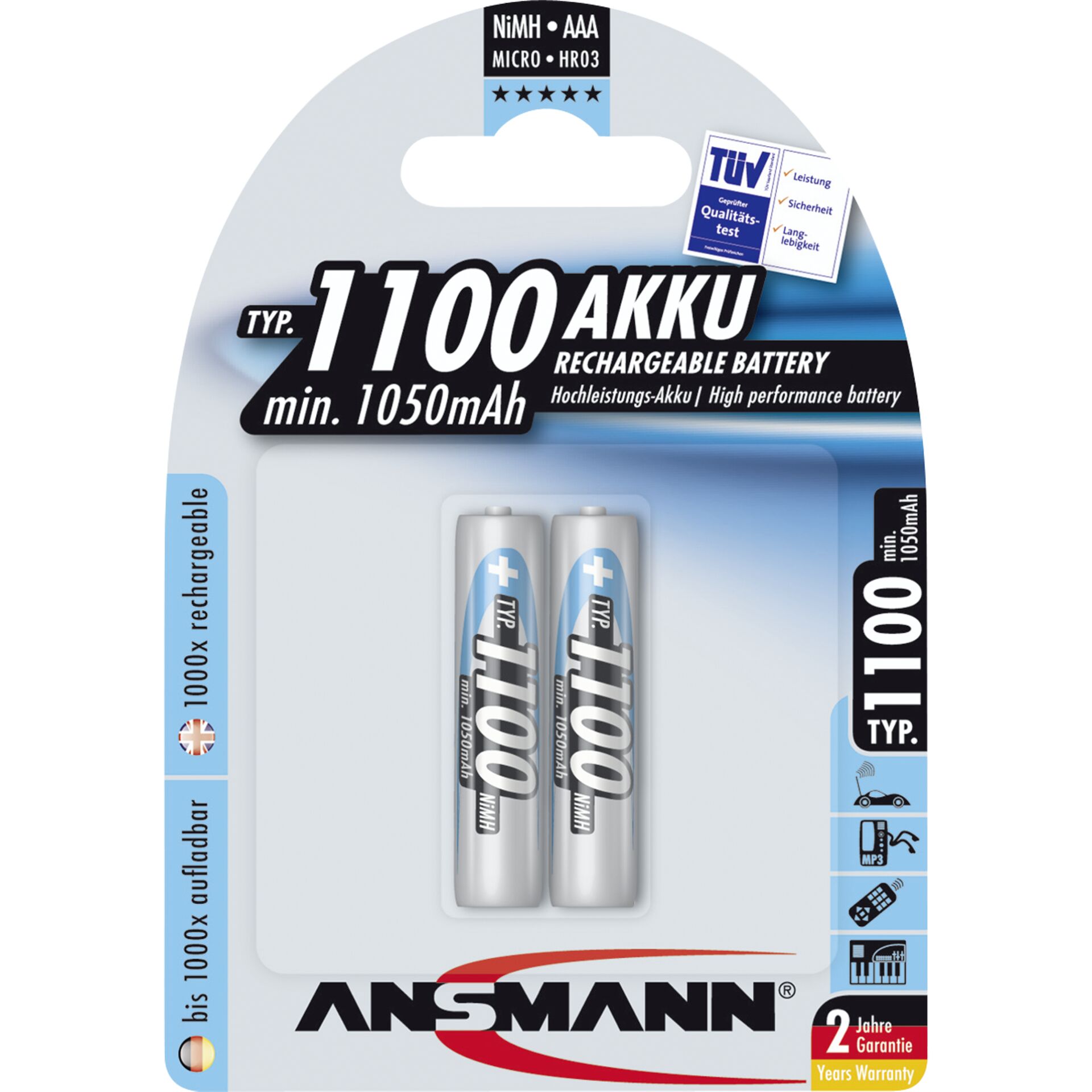 Ansmann NiMH Akku Micro AAA Typ 1100 min. 1050mAh 2er Bliste 