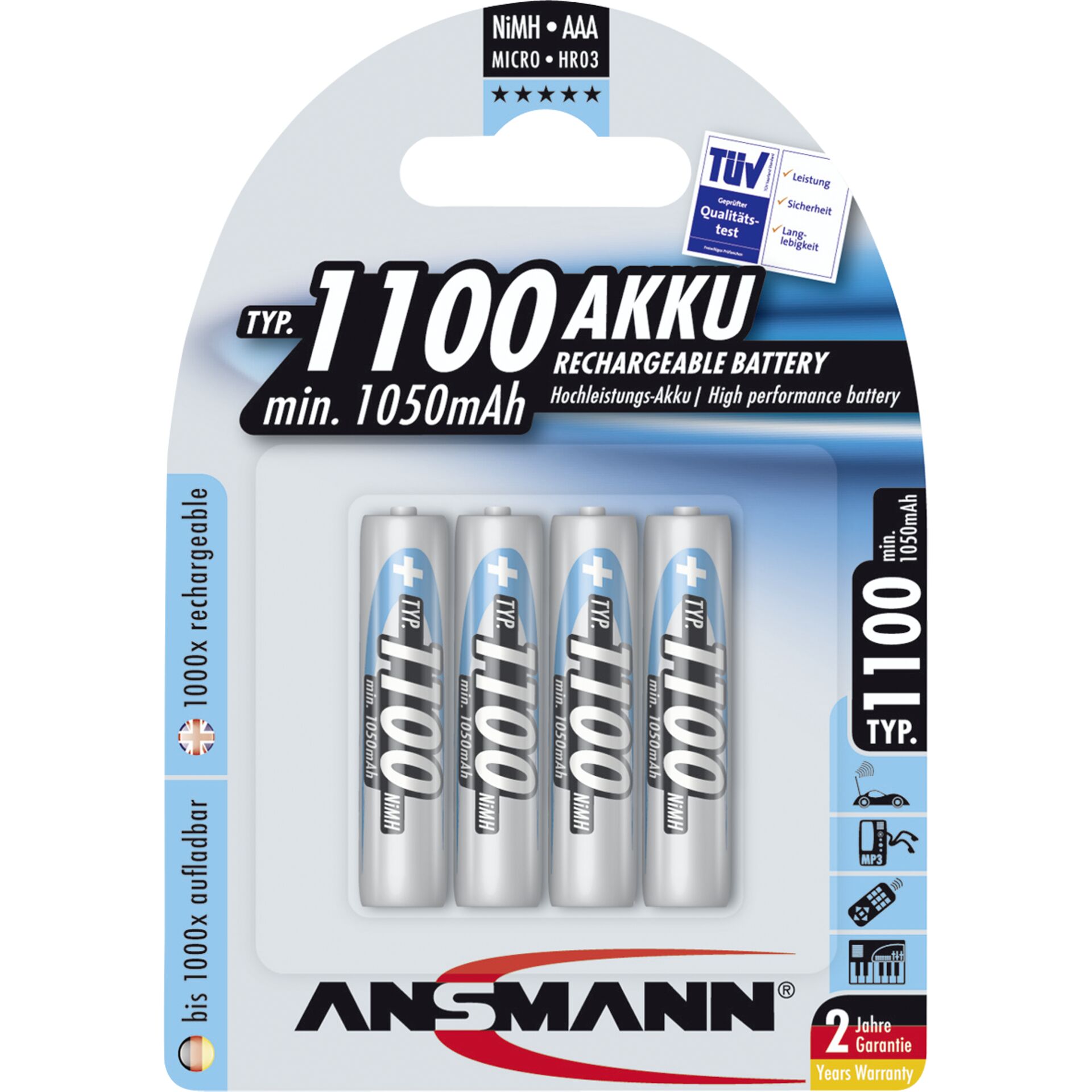 Ansmann NiMH Akku Micro AAA Typ 1100 min. 1050mAh 4er Bliste 