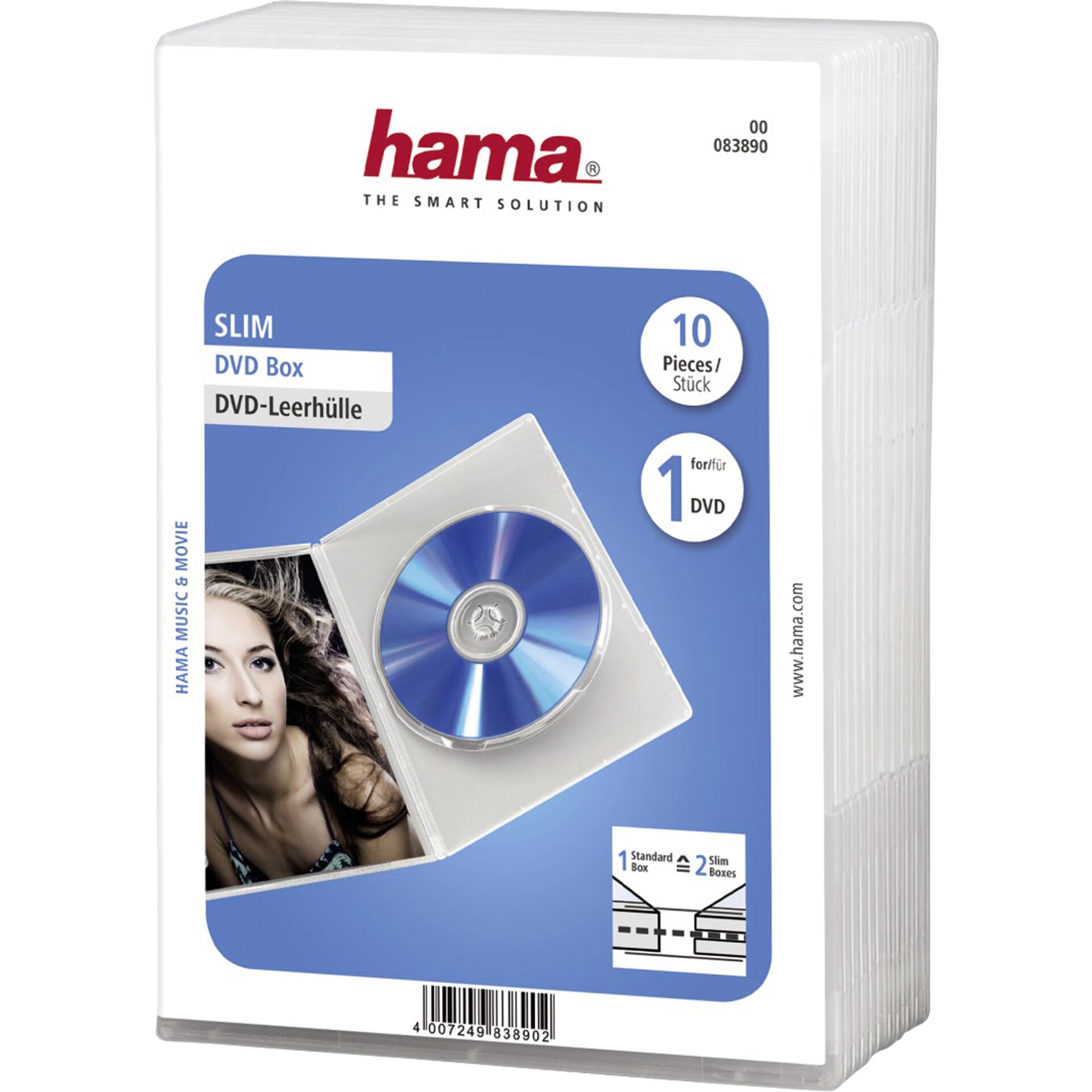 1x10 Hama DVD-Leerhülle Slim Transparent 50% Platzersp. 83890