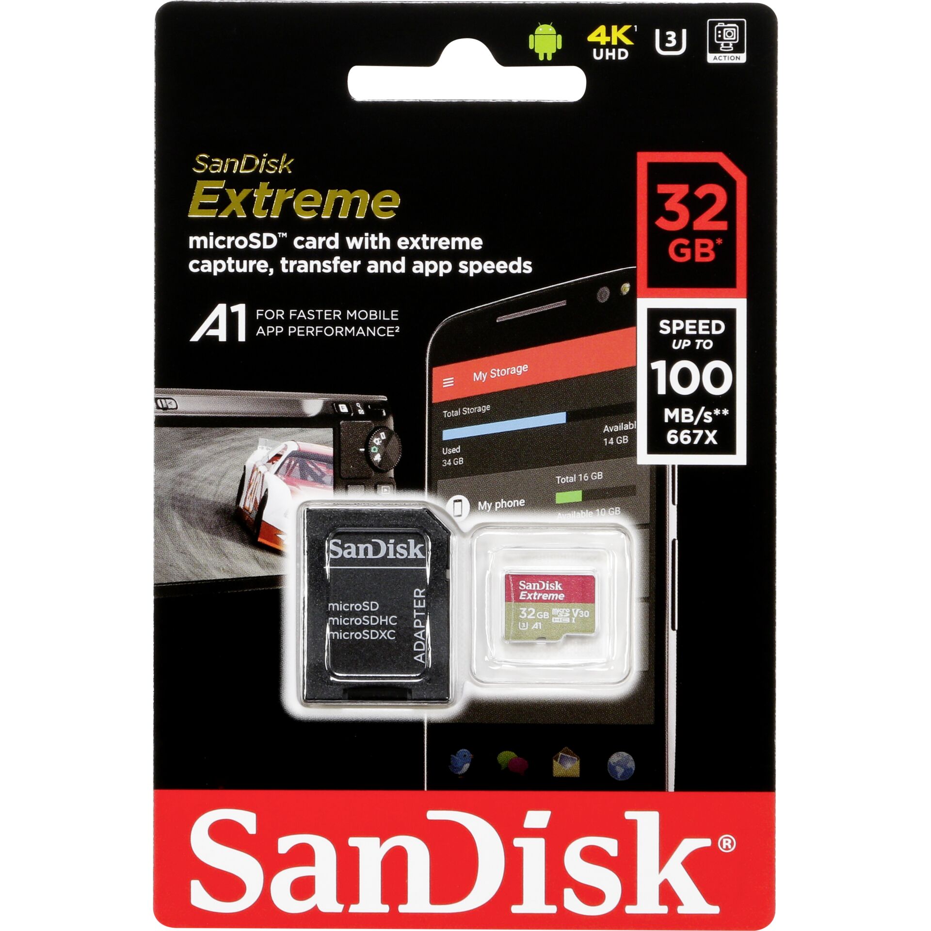 32GB SanDisk Extreme Kit Class10 microSDHC Speicherkarte lesen: 100MB/s inkl. SD-Adapter