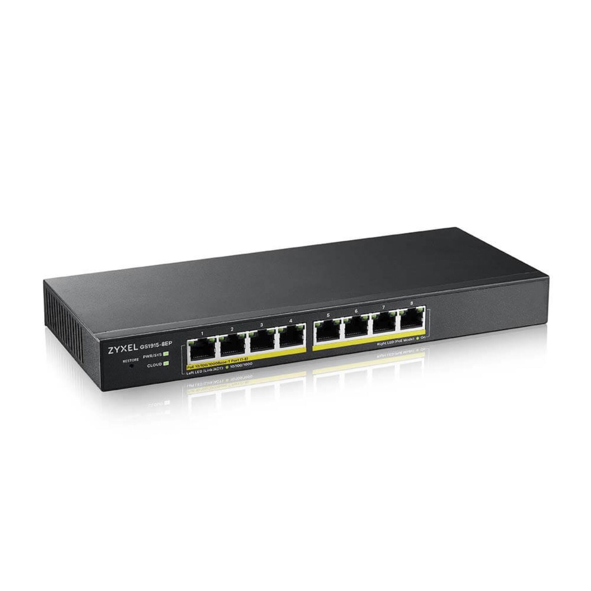 ZyXEL GS1915 Desktop Gigabit Smart Switch, 8x RJ-45, 60W PoE+, Backplane: 16Gb/s, lüfterlos, Metallgehäuse