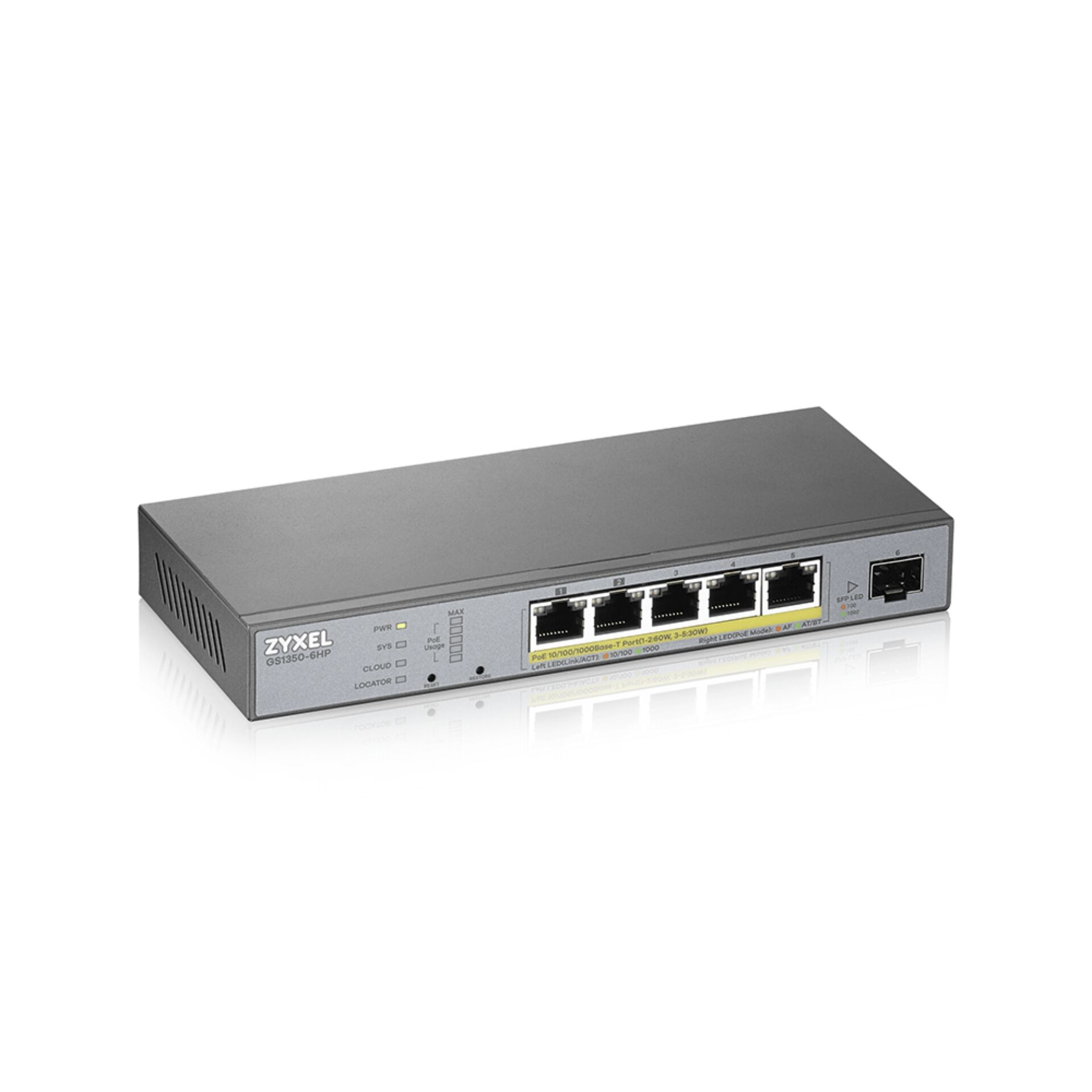 ZyXEL GS1350 Desktop Gigabit Smart Switch, 5x RJ-45, 1x SFP, PoLRE/PoE++, Backplane: 12Gb/s, lüfterlos, Metallge.