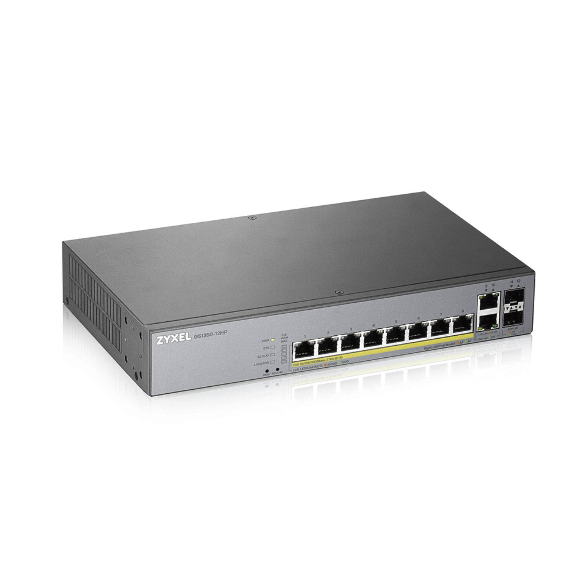 ZyXEL GS1350 Desktop Gigabit Smart Switch, 10x RJ-45, 2x SFP, PoLRE/PoE+, Backplane: 24Gb/s, Metallgehäuse