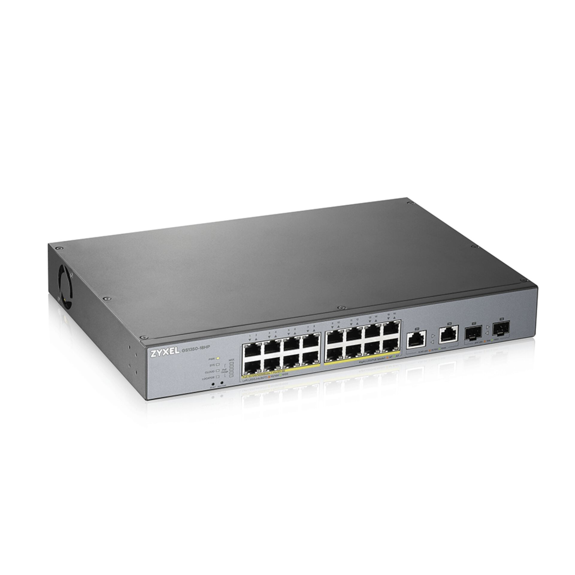 ZyXEL GS1350 Desktop Gigabit Smart Switch, 16x RJ-45, 2x RJ-45/SFP, PoLRE/PoE+, Backplane: 26Gb/s, Metallgehäuse