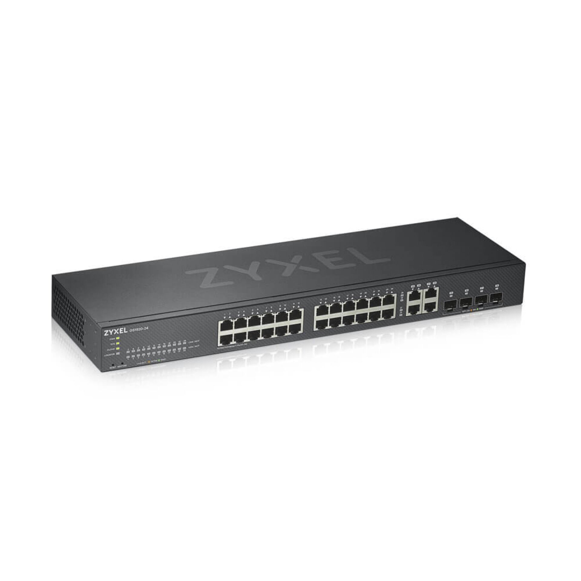 ZyXEL GS1920 Rackmount Gigabit Smart Switch, 24x RJ-45, 4x RJ-45/SFP, V2, Backplane: 56Gb/s, lüfterlos, Metallgehäus