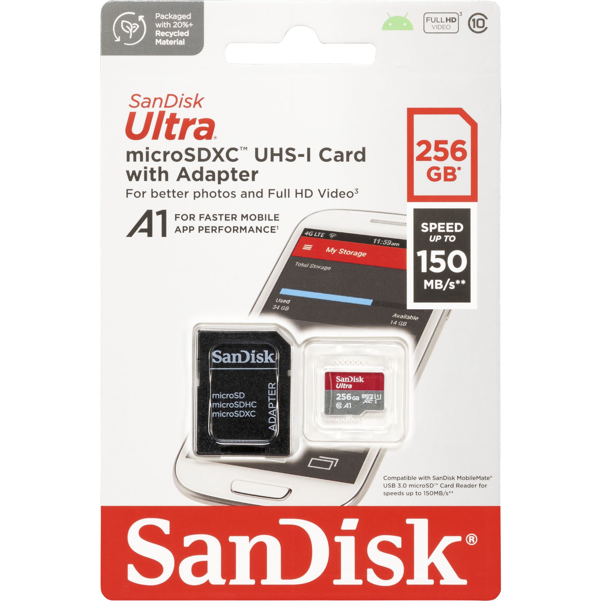 256 GB SanDisk Ultra microSDXC Kit UHS-I U1 Speicherkarte, lesen: 150MB/s