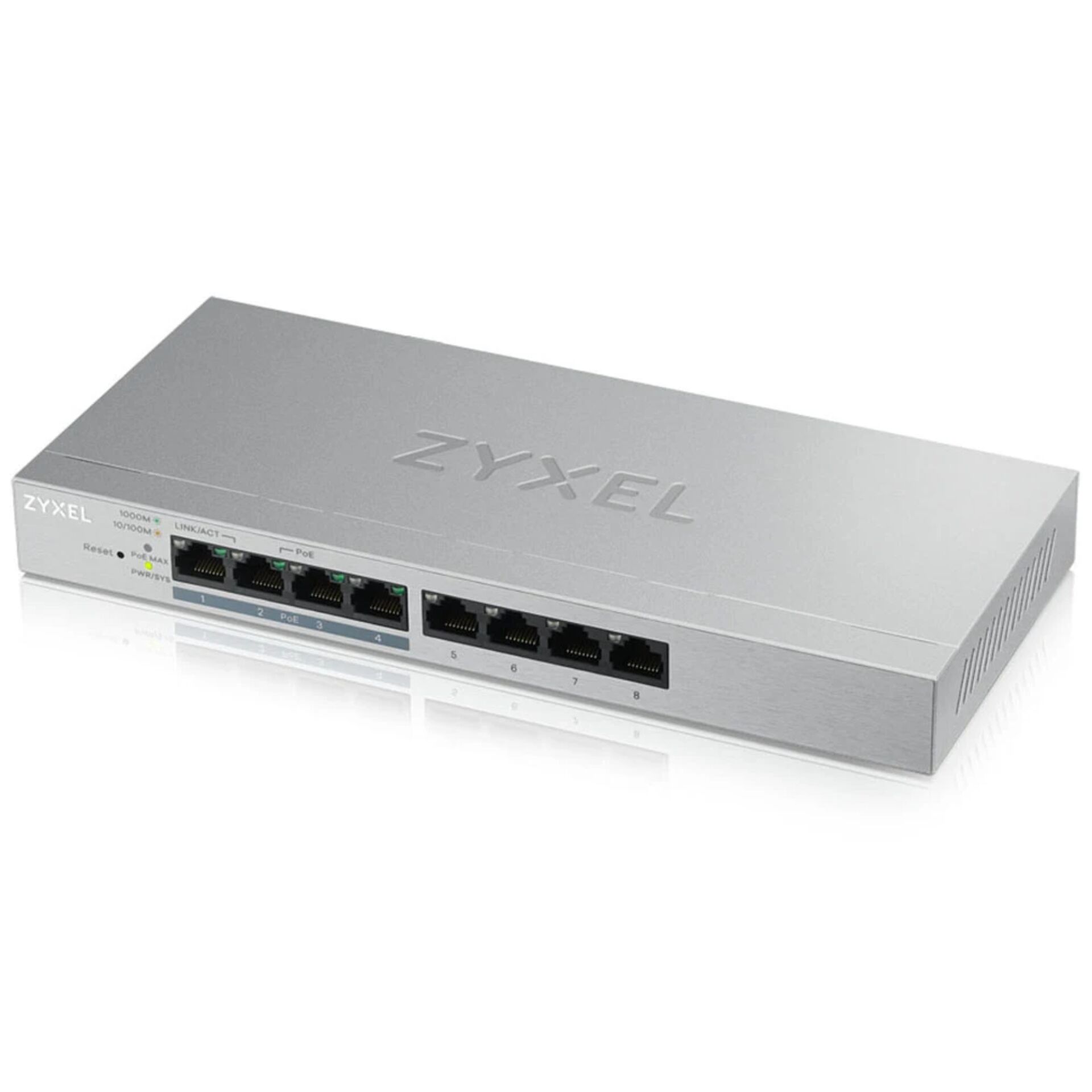 ZyXEL GS1200 Desktop Gigabit Smart Switch, 8x RJ-45, PoE+, V2, Backplane: 16Gb/s, lüfterlos, Metallgehäuse