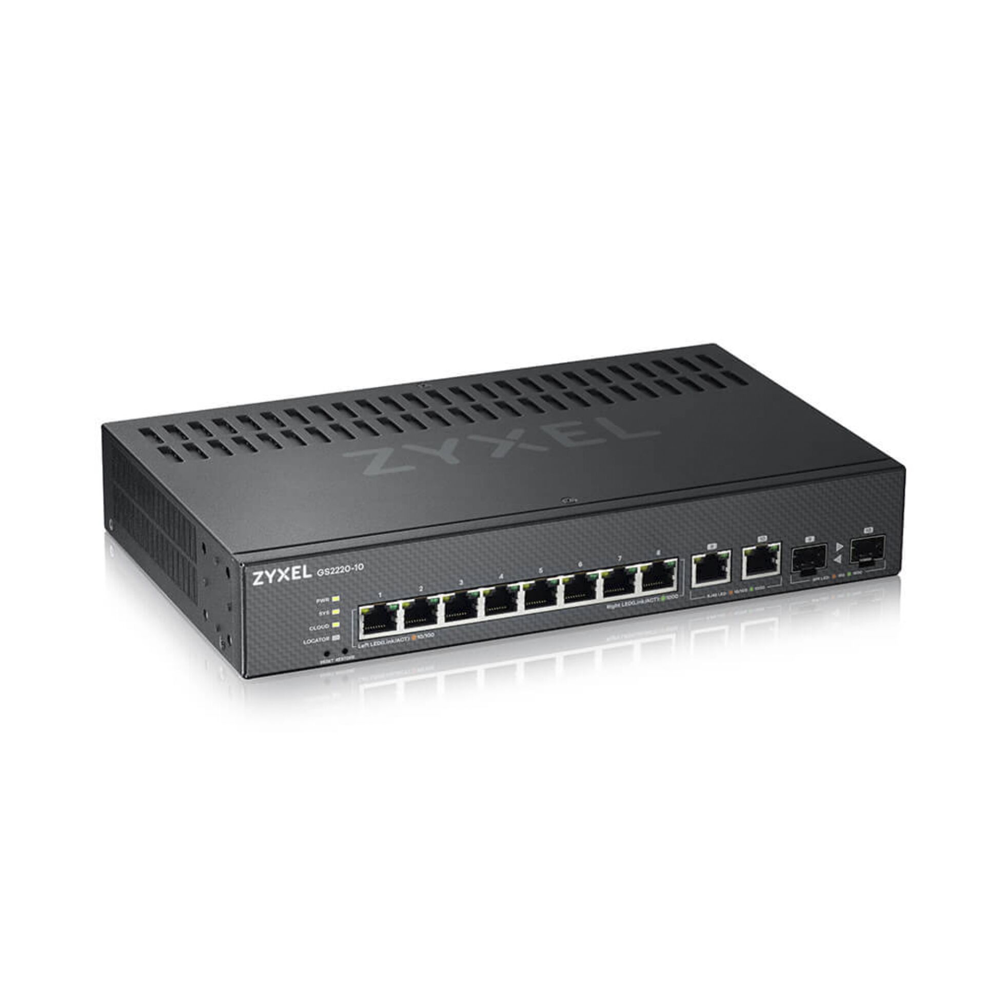 ZyXEL GS2220 Desktop Gigabit Managed Switch, 8x RJ-45, 2x RJ-45/SFP, Backplane: 20Gb/s, lüfterlos, Metallgehäuse