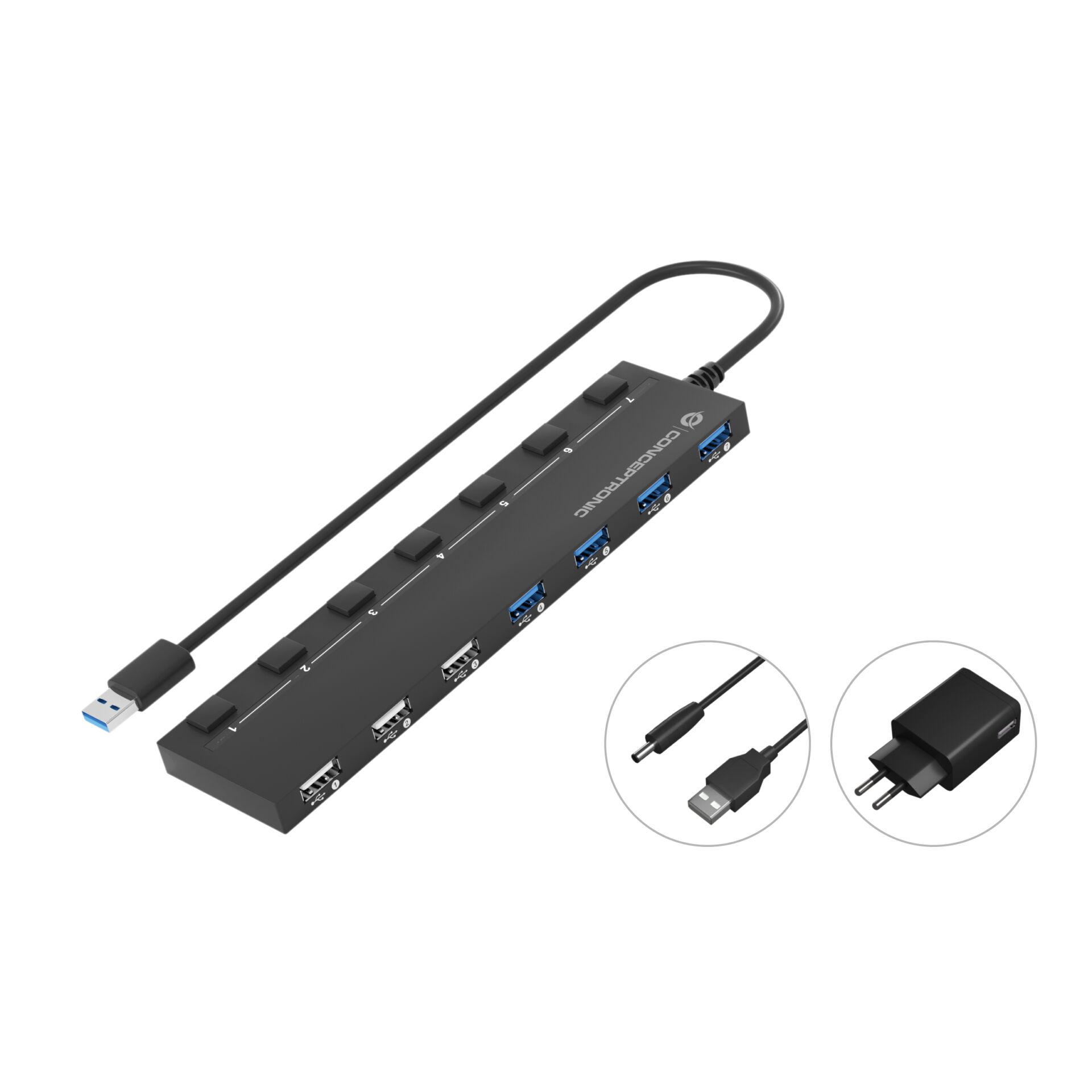 Conceptronic HUBBIES 7-Port-USB 3.0/2.0-Hub mit Netzteil 4x USB 3.0, 3x USB 2.0