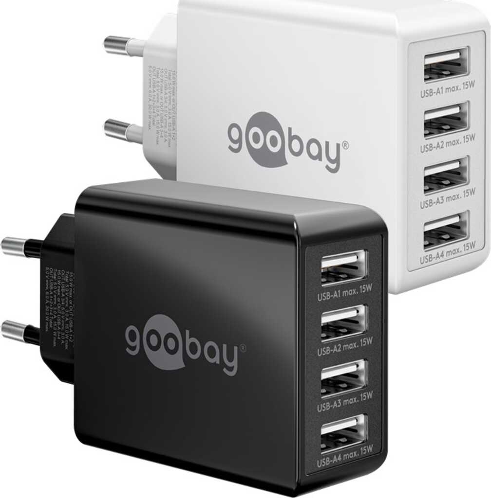 Goobay 4-fach USB-Ladegerät (30W) schwarz zum gleichzeitigen Aufladen von bis zu 4 Geräten