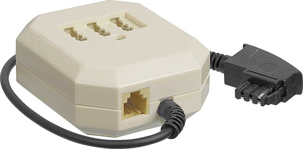 0.2m goobay Verlängerungsbox, TAE-F Stecker > 3x TAE N/F/F Buchse + RJ11/RJ14-Buchse, beige/schwarz