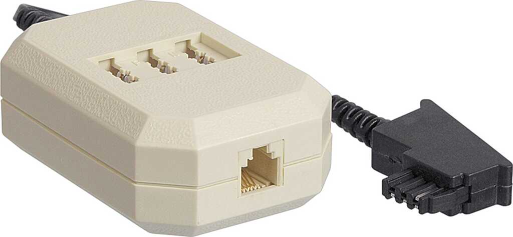 0.2m goobay Verlängerungsbox, TAE-F Stecker > 3x TAE N/F/N Buchse + RJ11/RJ14-Buchse, beige/schwarz