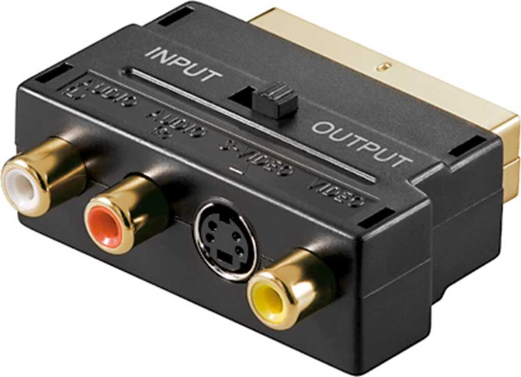 Goobay Scart zu Composite Audio Video und S-Video Adapter, IN/OUT, Scart-Stecker (21-Pin) > 3x Cinch-Buchse + Mini-DIN 4-Buchse (S-Video), Vergoldete, schwarz