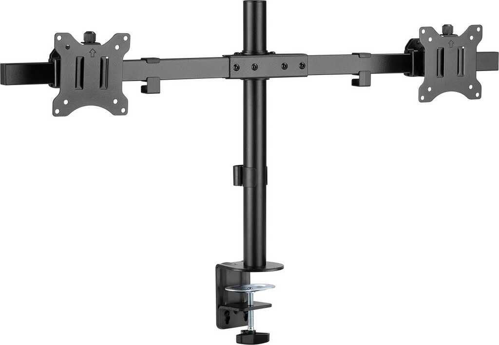 Doppel-Monitorhalterung Fix für Monitore von 17 und 32 Zoll, schwenkbar mit Tischklemme oder Standfuß