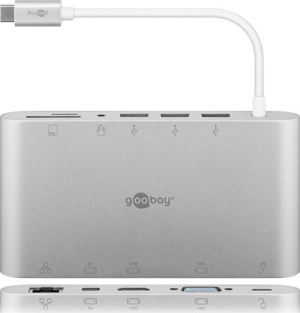 USB-C Multiport-Adapter aus Aluminium > HDMI, VGA, DisplayPort, 3x USB 3.0, USB-C silber goobay