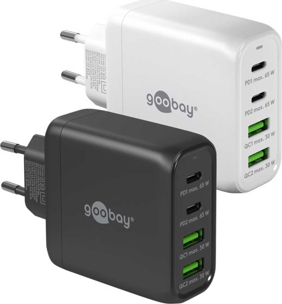 Goobay USB-C PD GaN Multiport-Schnellladegerät (68 W) weiß 2x USB-C-Anschlüsse (Power Delivery) und 2x USB-A-Anschluss