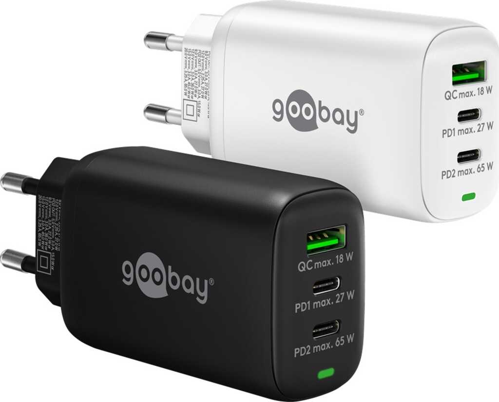 Goobay USB-C PD GaN Multiport-Schnellladegerät (65 W) weiß 2x USB-C-Anschlüsse (Power Delivery) und 1x USB-A-Anschluss