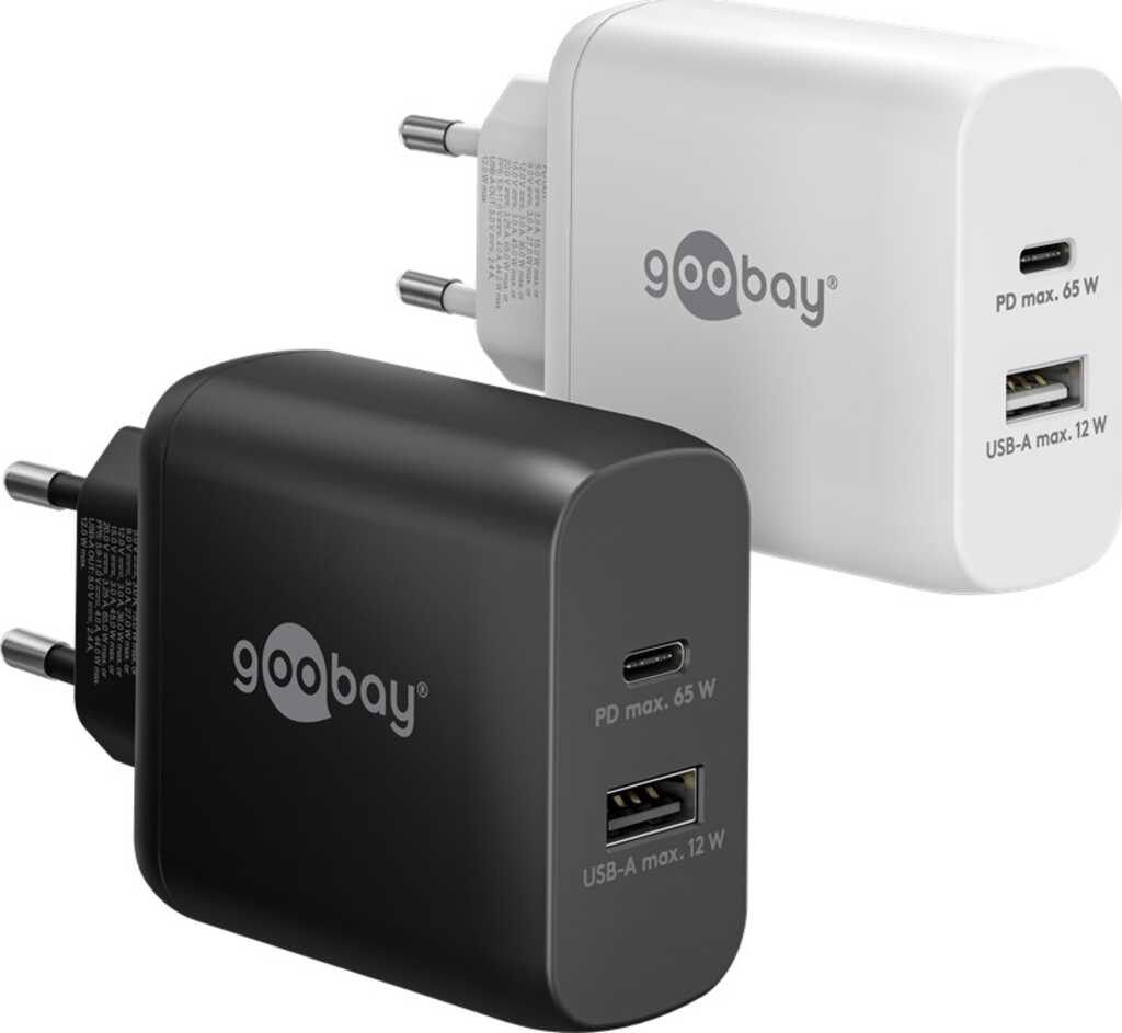 Goobay USB-C PD GaN Dual-Schnellladegerät (65 W) schwarz 1x USB-C-Anschluss (Power Delivery) und 1x USB-A-Anschluss