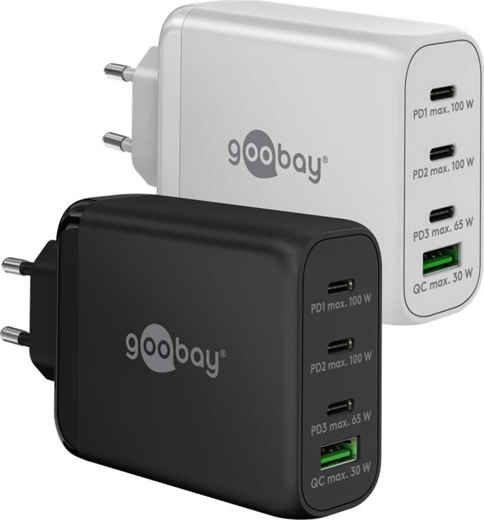 Goobay USB-C PD GaN Multiport-Schnellladegerät (100 W) weiß 3x USB-C-Anschlüsse (Power Delivery) + 1x USB-A