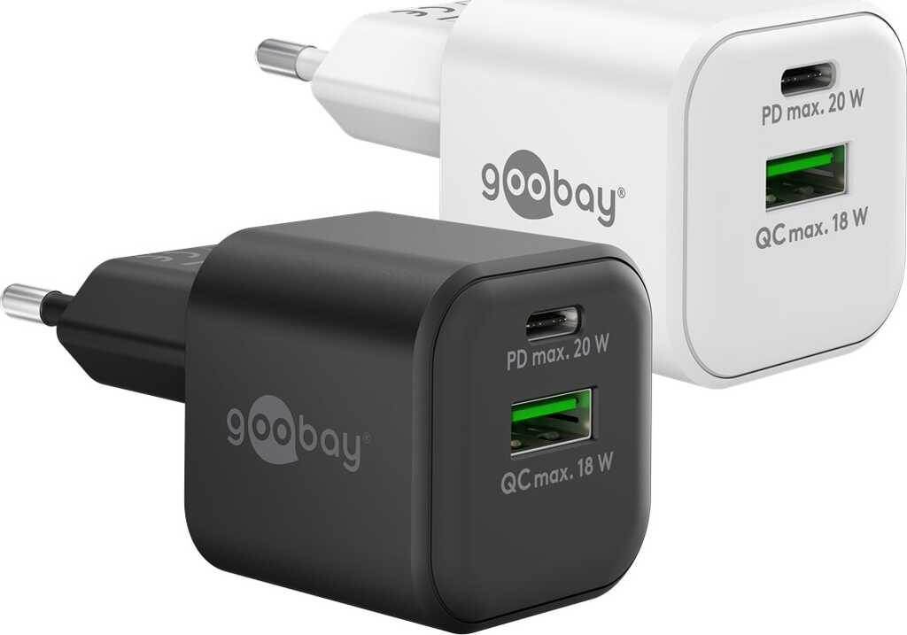 Goobay USB-C PD GaN Dual-Schnellladegerät Nano (20 W) schwar 1x USB-C-Anschluss (Power Delivery) und 1x USB-A-Anschluss