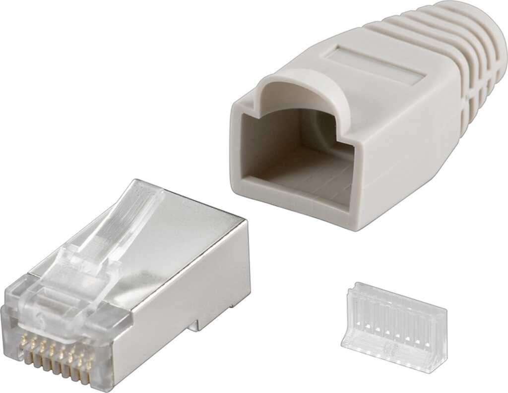 1er-Pack Crimpstecker RJ45-Stecker, CAT 5e STP geschirmt für Rundkabel, mit Einfädelhilfe, Mindestabnahme 10 Stück