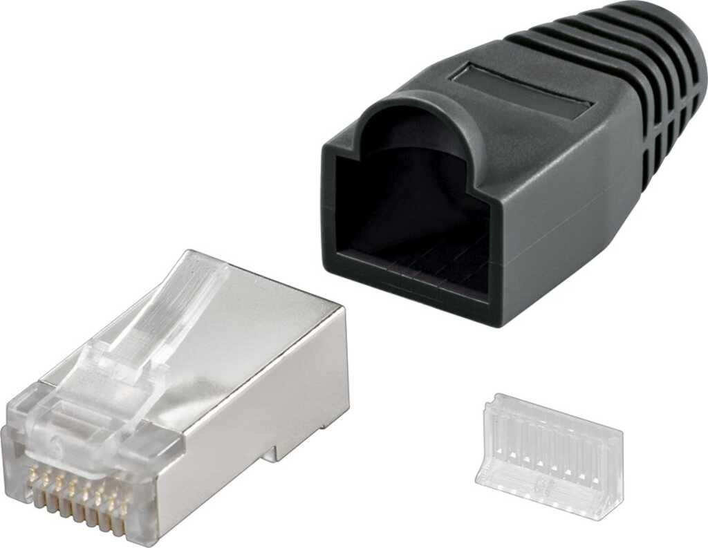 1er-Pack Crimpstecker RJ45 Stecker, Cat.5e STP geschirmt mit Knickschutztülle schwarz, Mindestabnahme 10 Stück