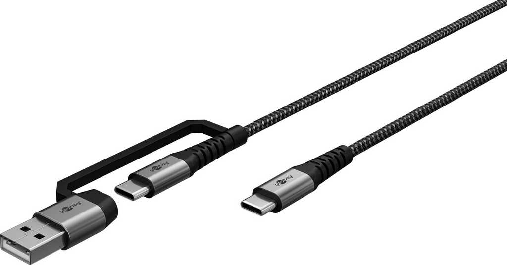 Goobay 2in1 USB-Textilkabel, spacegrau/silber, 3 m extrarobustes USB-C-Ladekabel mit Adapter für USB-A-Geräte