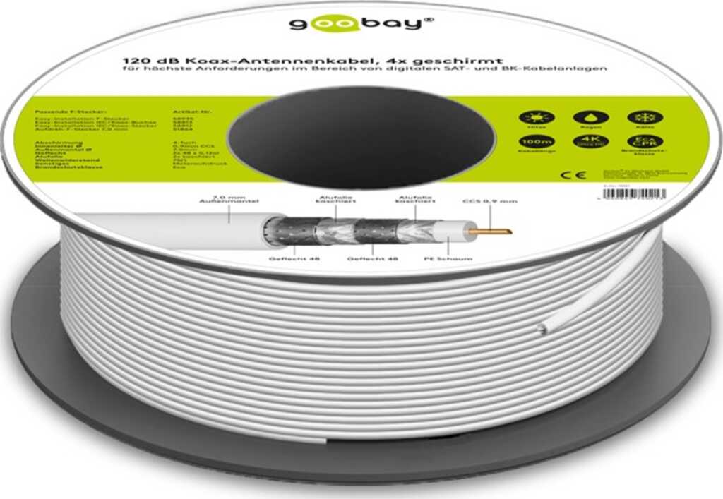 100m 120dB Koax-Antennenkabel, 4x geschirmt, CCS, Weiss 