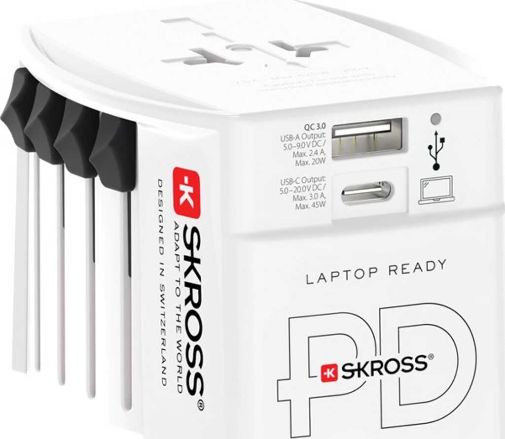 Skross Reiseadapter MUV USB AC 45 PD 45 W, 1x USB-C und 1x USB-A plus internationale Netzstecker für ungeerdete, 2-polige Geräte