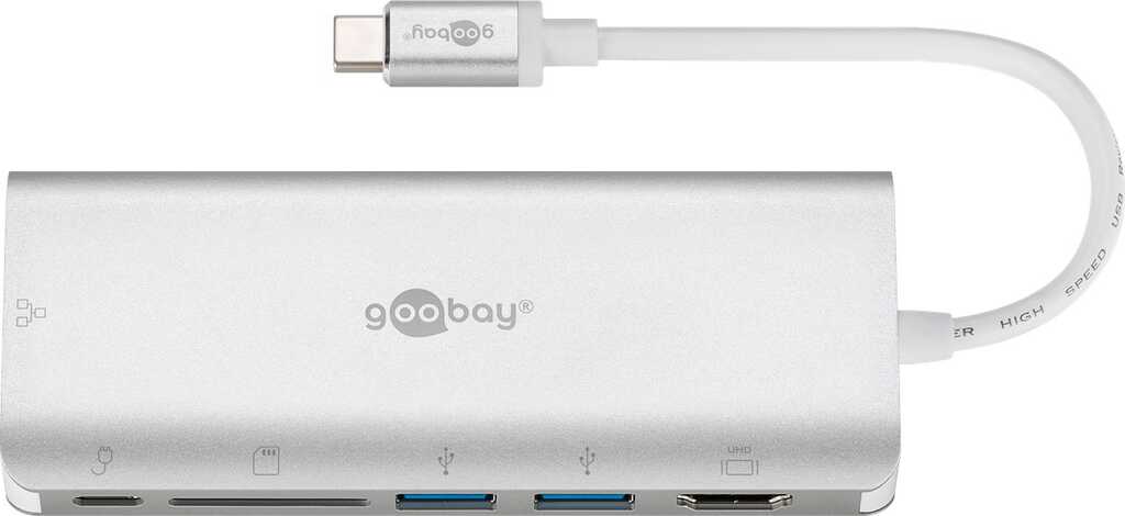 goobay USB-C auf HDMI, USB-C, USB 3.0, Ethernet Adapter mit SD Karten Slot - Mehrfachconnector