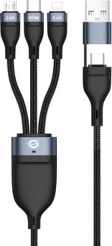 Conceptronic ETTA05B15 USB 3-in-1 PD 3.0 60W Ladekabel, 1,5m, 20V 3A, 480Mbps