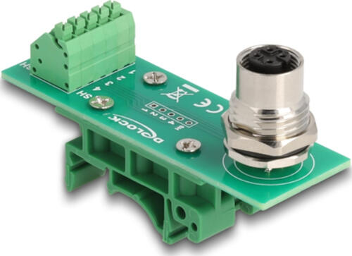 DeLOCK M12 Übergabemodul Adapter 4 Pin A-kodiert Buchse zu 5 Pin Terminalblock für Hutschiene