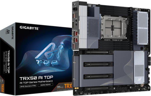 GIGABYTE TRX50 AI TOP Motherboard - Unterstützt AMD Ryzen PRO 7000 CPUs, 16+8+4 Phasen Digital VRM, bis zu 5200MHz DDR5 (OC), 4xPCIe 5.0 + 4xPCIe 4.0 M.2, Wi-Fi 7, 10GbE LAN, USB 3.2 Gen 2x2