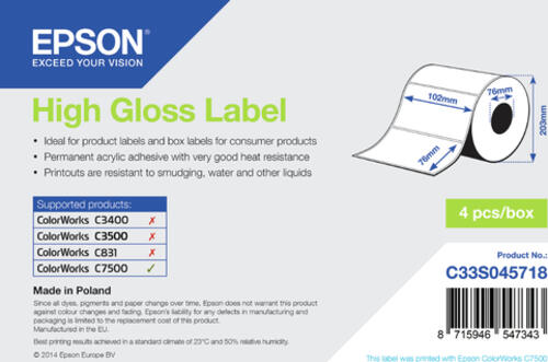 Epson High Gloss Label - Die-cut Roll: 102mm x 76mm, 1570 labels