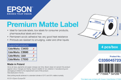 Epson Premium Matte Label - Die-cut Roll: 102mm x 76mm, 1570 labels