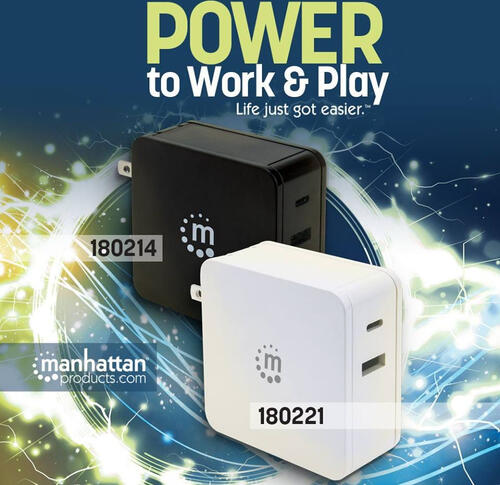 Manhattan Power Delivery USB-Ladegerät 60 W, USB-Netzteil mit USB-C Power Delivery-Port (PD 3.0) mit bis zu 60 W, USB-A Ladeport bis zu 2,4 A, schwarz