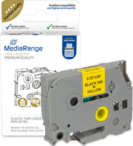 MediaRange Kunststoff-Schriftbandkassette, für/ersetzt Brother TZ-621/TZe-621, permanent haftend, 9mm, 8m, laminiert, schwarz auf gelb