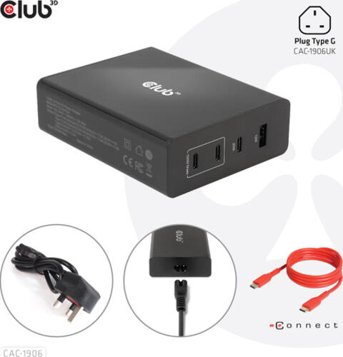 CLUB3D Travel Charger 132W GAN technology, Four port USB Type-A and -C, Power Delivery(PD) 3.0 Support